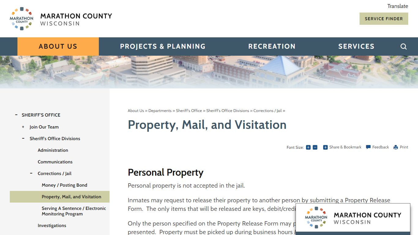 Property, Mail, and Visitation | Marathon County, WI